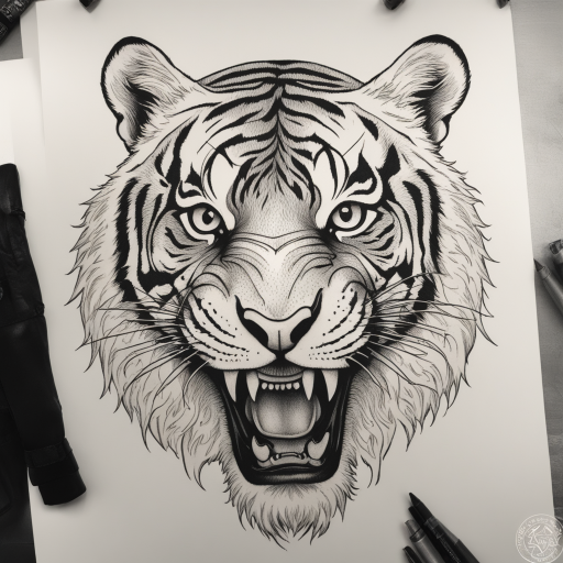 in the style of fineline tattoo, with a tattoo of The ferocious tiger that has always been fierce