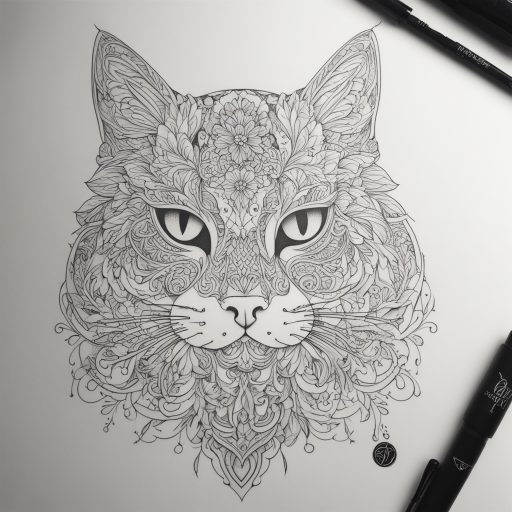 in the style of fineline tattoo, with a tattoo of cat
