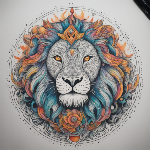 in the style of illustrative tattoo, with a tattoo of cosmic lion lord of saturn