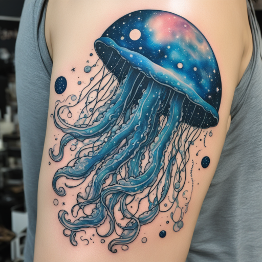 in the style of patch tattoo, with a tattoo of giant jellyfish eating the milky way galaxy 