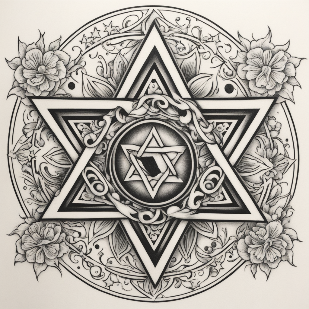 in the style of chicano tattoo, with a tattoo of star of david with daymoon