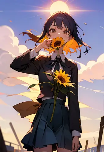 Anime School Girl Character Outdoors in Witch Pose with Flower