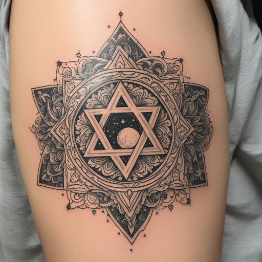 in the style of illustrative tattoo, with a tattoo of star of david with day moon.