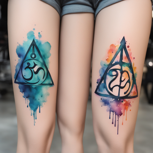 in the style of watercolor tatoo, with a tattoo of "om" "harry potter" "deathly hallows"
