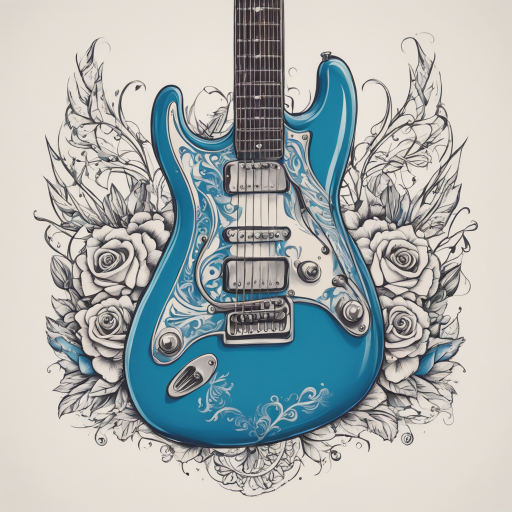 in the style of kleine tattoo, with a tattoo of electric guitar blues ribbon 
