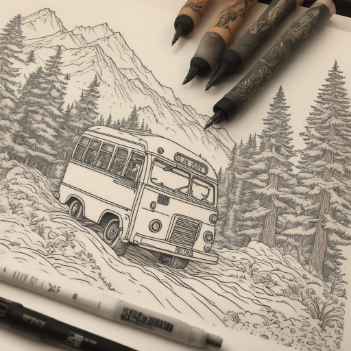 in the style of fineline tattoo, with a tattoo of the bear running in the forest and the bus chasing the bear