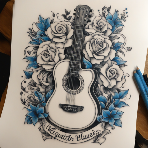 in the style of kleine tattoo, with a tattoo of guitar blues ribbon 