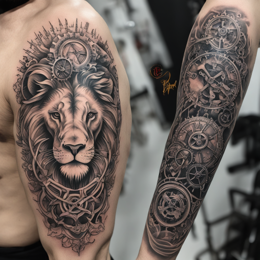 in the style of fineline tattoo, with a tattoo of Picture with in picture with in picture with in picture
Half dead scary lion on half of its body and alive and beautiful on the other is the largest picture one lion …. Sensual taurus taking care of an Aries