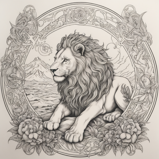 in the style of fineline tattoo, with a tattoo of Lion sitting half dead half alive  and Beautiful with a demons and angels fighting in the skye around Capricorn