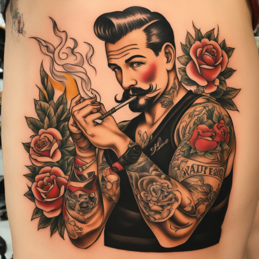 in the style of sailor jerry tattoo, with a tattoo of Male hairdresser smoking