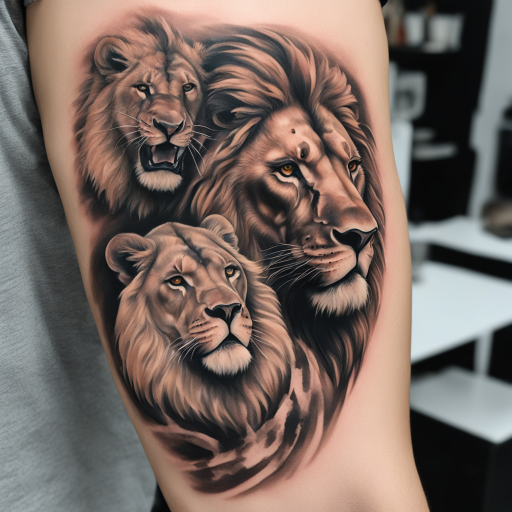in the style of realism tattoo, with a tattoo of gladiator and lion