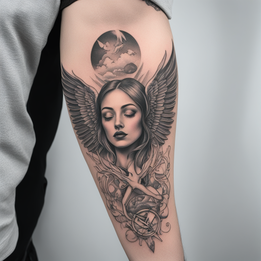 in the style of surrealism tattoo, with a tattoo of arm sleeve tattoo featuring a portrait face in middle and phoenix wings and airplane shadow