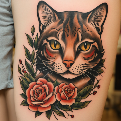 in the style of sailor jerry tattoo, with a tattoo of cat