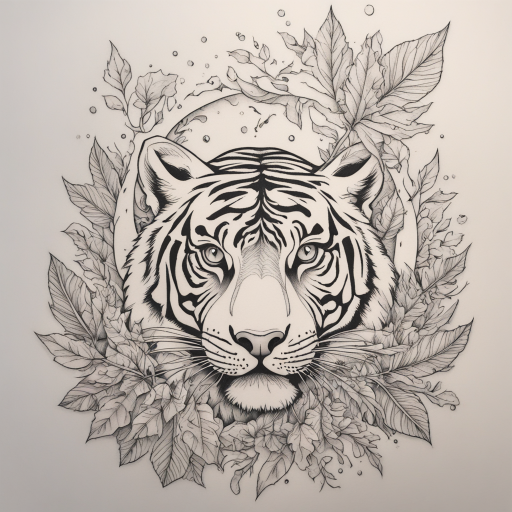 in the style of fineline tattoo, with a tattoo of lots of dropping leafs above a tiger 