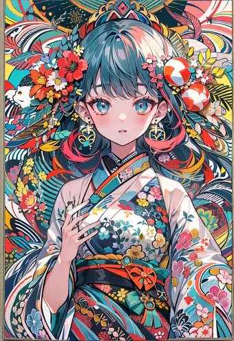 Highly Detailed Anime Girl in Japanese Dress with Abstract Background