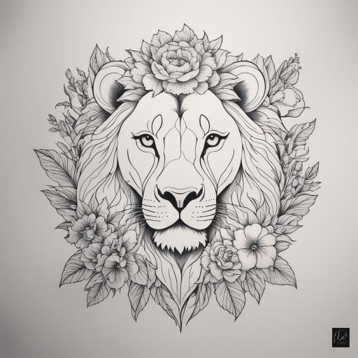 in the style of fineline tattoo, with a tattoo of Lion with flower 