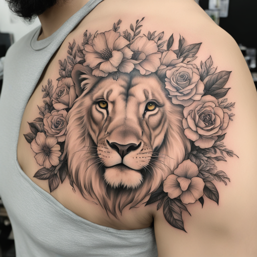 in the style of realism tattoo, with a tattoo of Lion with flower 