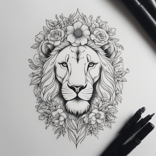 in the style of kleine tattoo, with a tattoo of Lion with flower 
