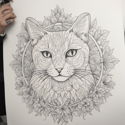 in the style of fineline tattoo, with a tattoo of cat