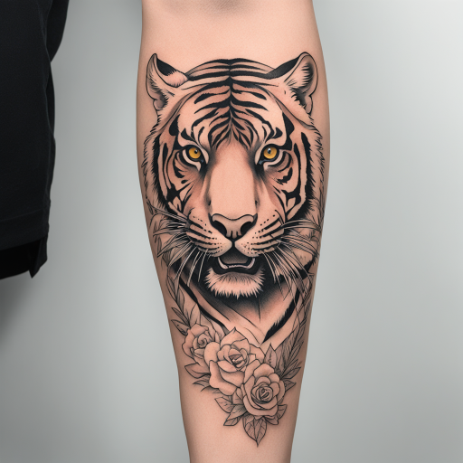 in the style of fineline tattoo, with a tattoo of tiger