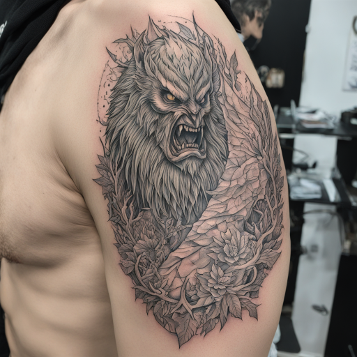in the style of fineline tattoo, with a tattoo of berserk
