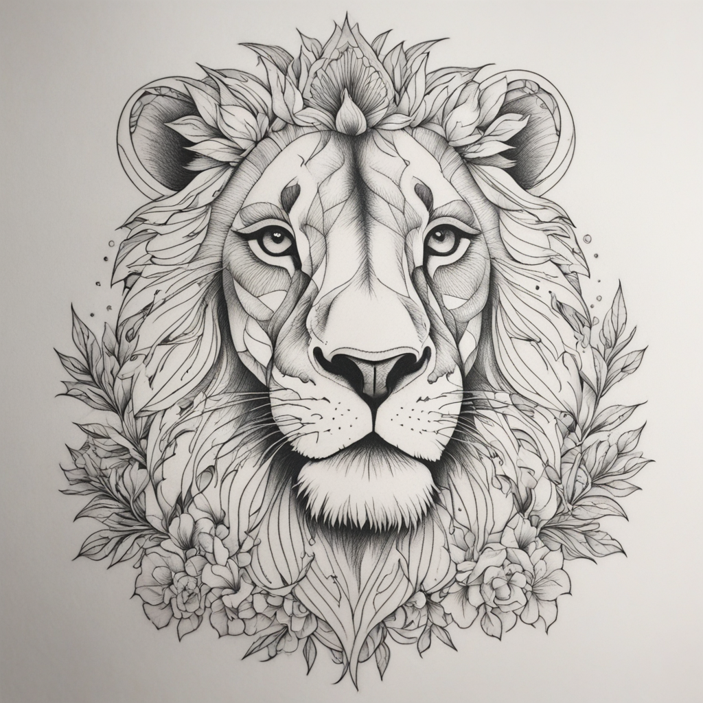 in the style of fineline tattoo, with a tattoo of lion