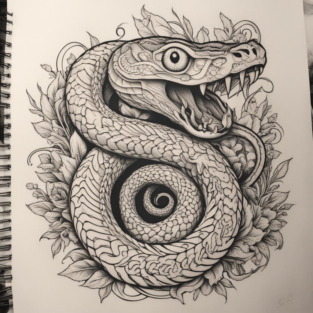 in the style of fineline tattoo, with a tattoo of create tattoo as a snake with long tail