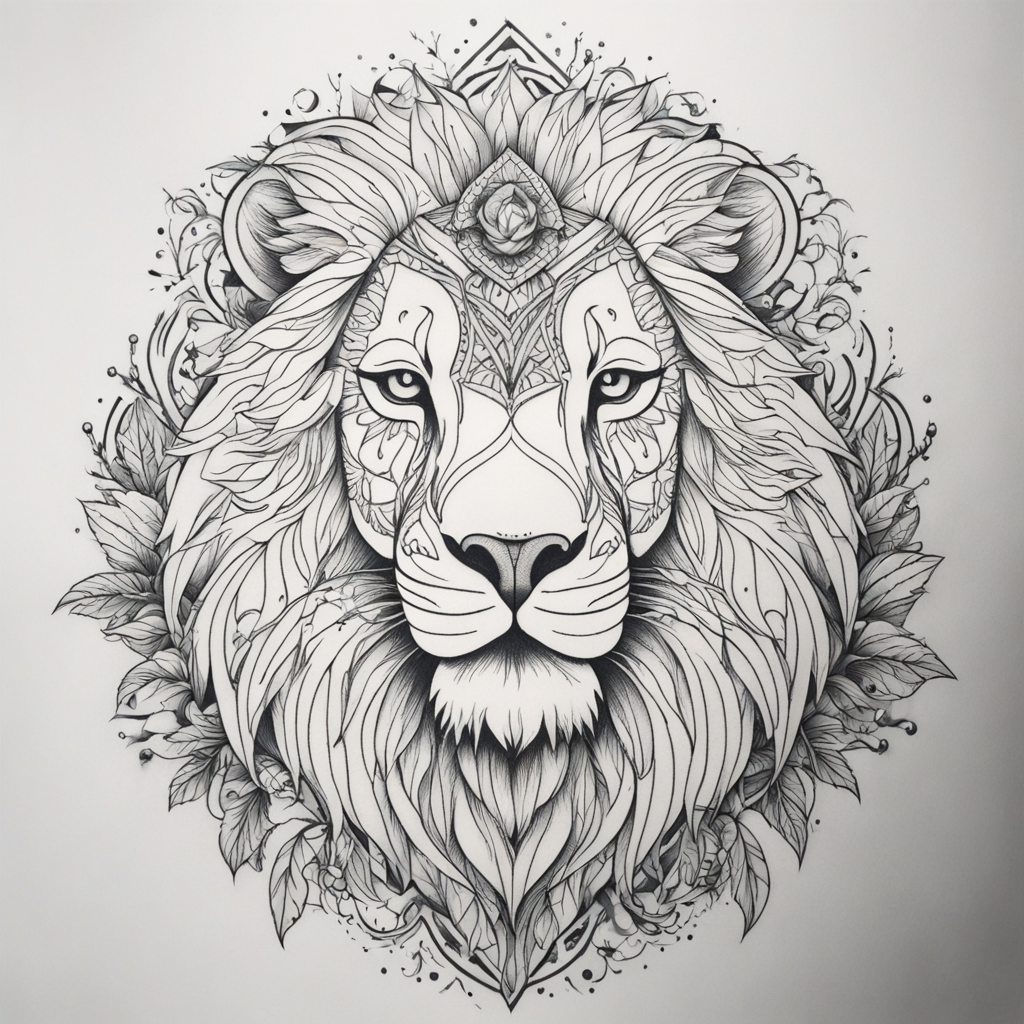 in the style of fineline tattoo, with a tattoo of lion