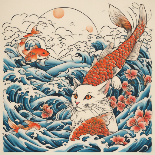 in the style of japanese tattoo, with a tattoo of cat and fish