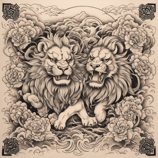 in the style of japanese tattoo, with a tattoo of Chinese lions chest piece