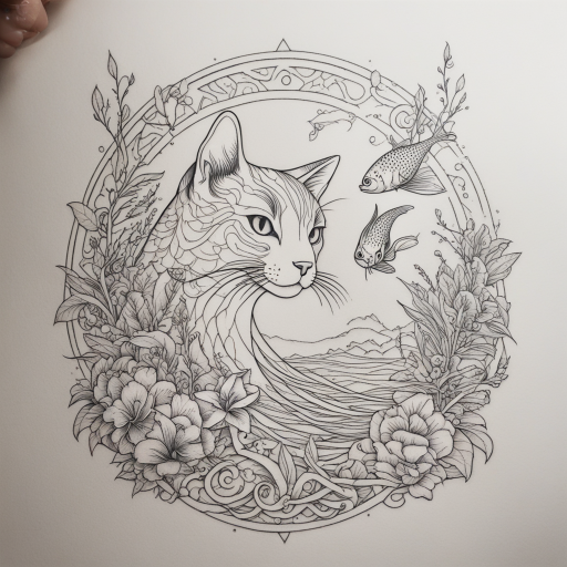 in the style of fineline tattoo, with a tattoo of cat and fish