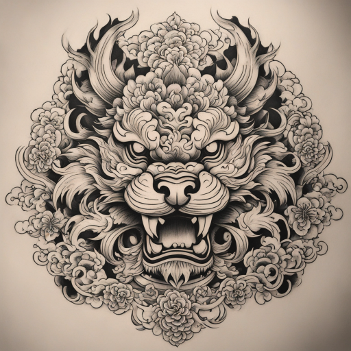 in the style of japanese tattoo, with a tattoo of Chinese foo dog chest piece