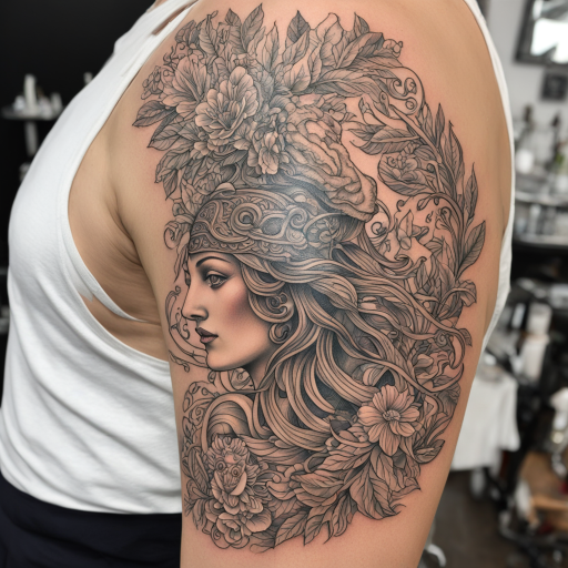 in the style of illustrative tattoo, with a tattoo of greece mythology