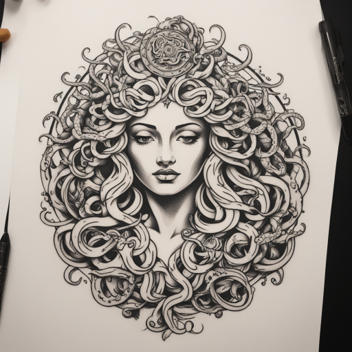 in the style of kleine tattoo, with a tattoo of medusa