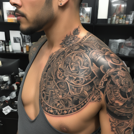 in the style of chicano tattoo, with a tattoo of patchwork tattoos