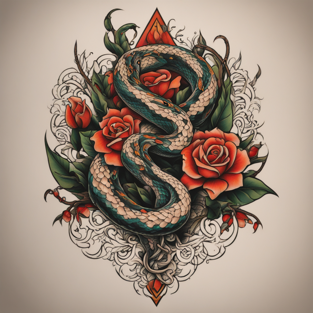 in the style of neo traditional tattoo, with a tattoo of snake