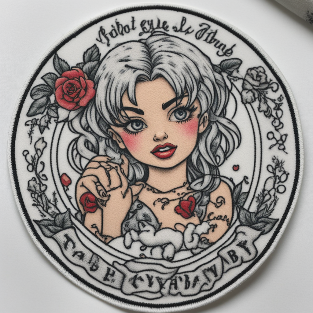 in the style of patch tattoo, with a tattoo of crybaby