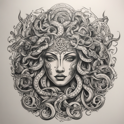 in the style of chicano tattoo, with a tattoo of medusa