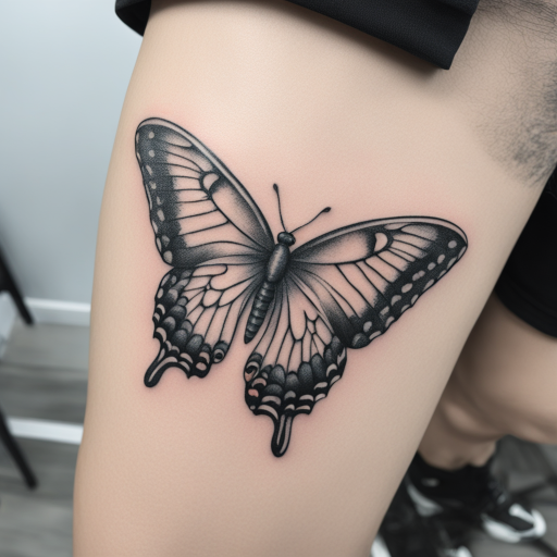 in the style of kleine tattoo, with a tattoo of butterfly