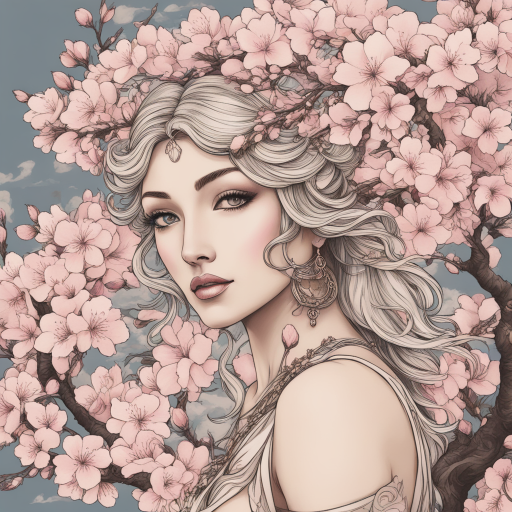 in the style of cherry blossom, with a tattoo of greece mythology
