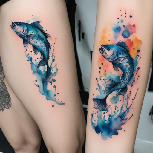 in the style of watercolor tatoo, with a tattoo of fishing