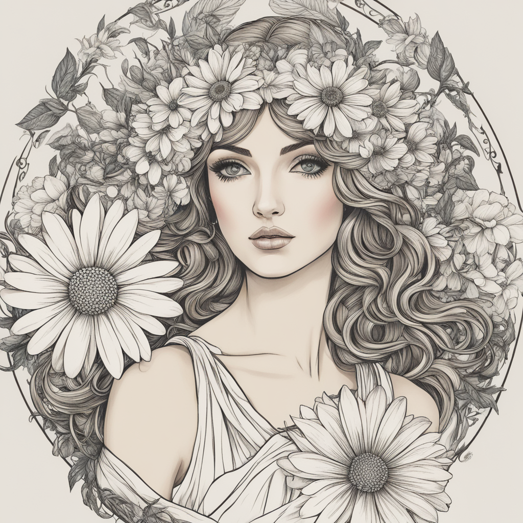 in the style of daisy, with a tattoo of greece mythology