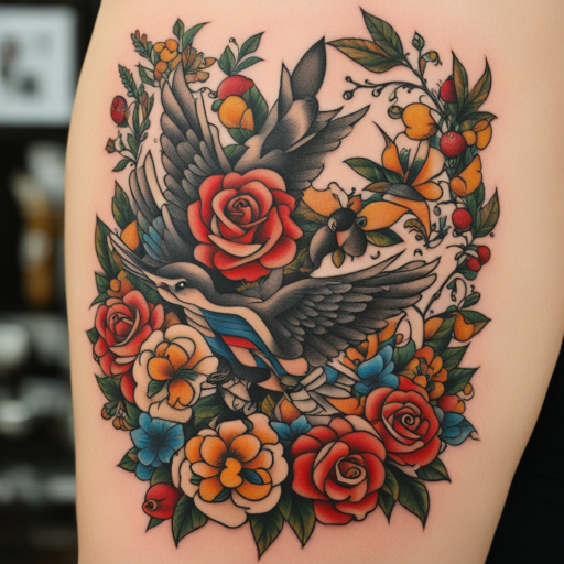 in the style of sailor jerry tattoo, with a tattoo of patchwork tattoos