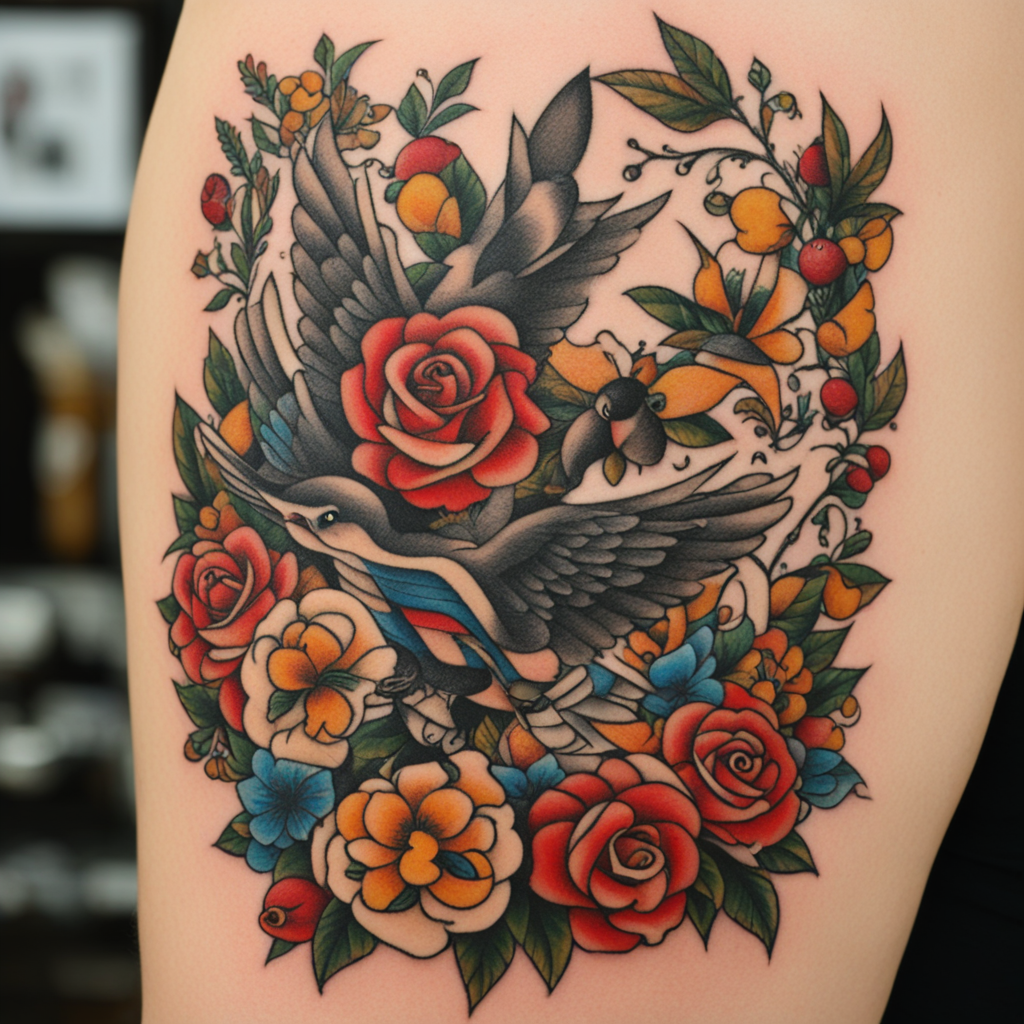 in the style of sailor jerry tattoo, with a tattoo of patchwork tattoos