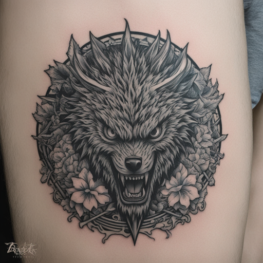 in the style of patch tattoo, with a tattoo of berserk