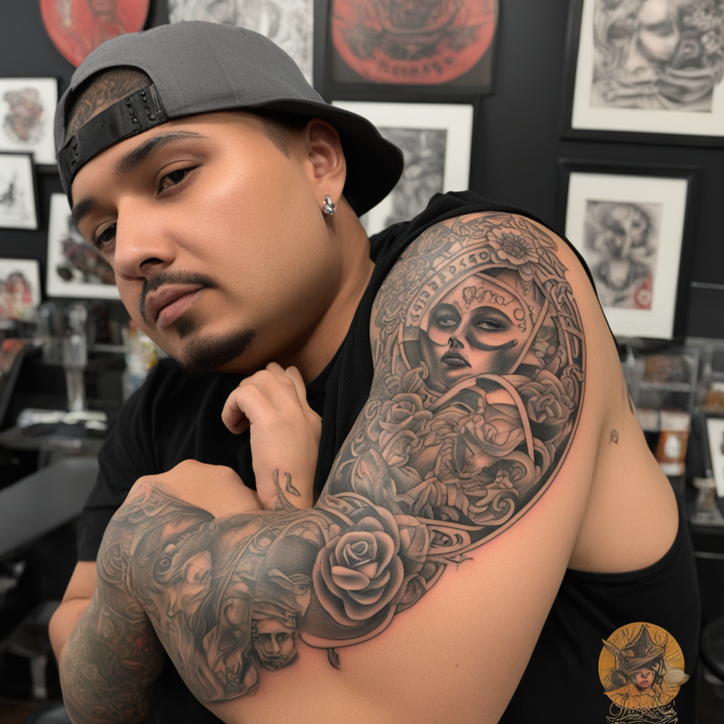 in the style of chicano tattoo, with a tattoo of crybaby