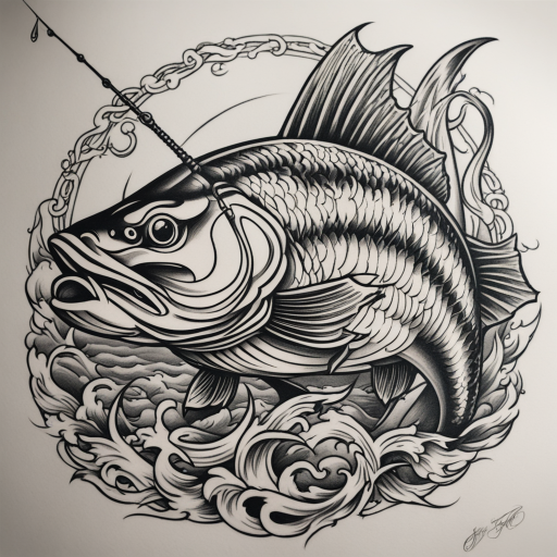 in the style of neo traditional tattoo, with a tattoo of fishing