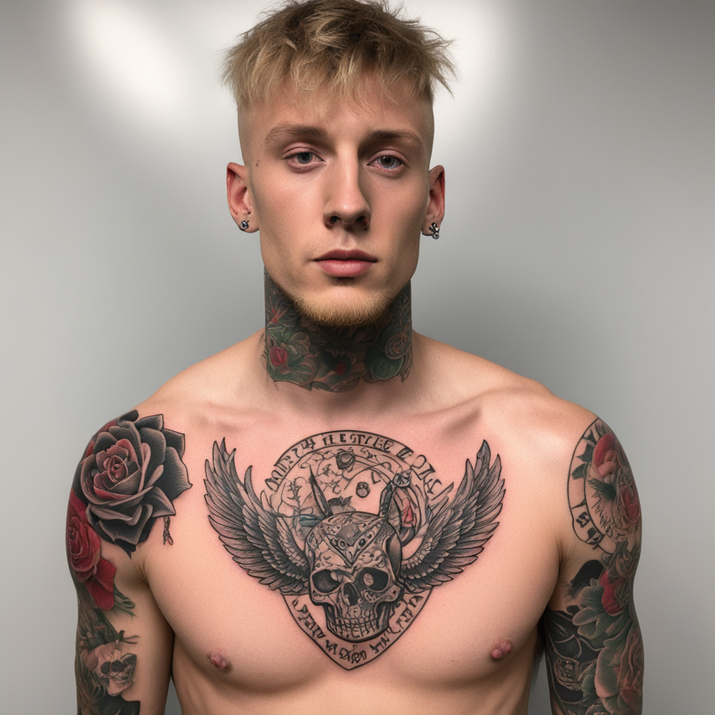 in the style of patch tattoo, with a tattoo of mgk tattoos