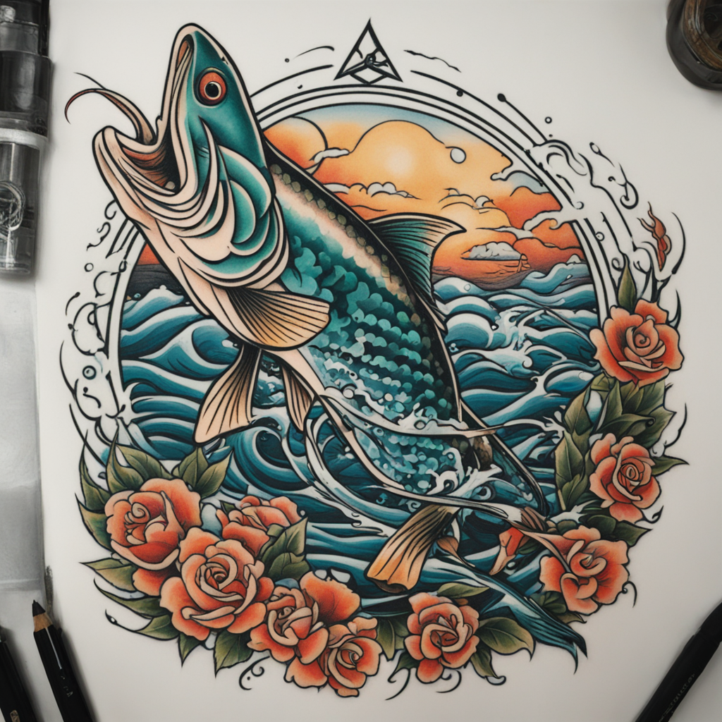 in the style of neo traditional tattoo, with a tattoo of fishing