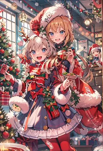 Festive Christmas Scene with Anime Poster Girl Characters in Costumes